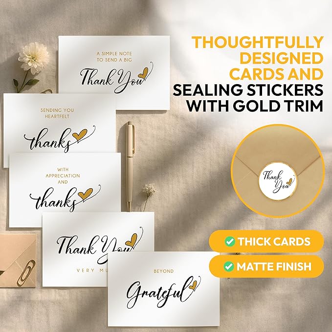 30 Pack Blank Thank You Cards—4 x 6 Inches Simple Thank You Notes with Envelopes and Stickers, Minimalist Bulk Box Set for Weddings, Baby Showers, Small Businesses, Birthdays, Holiday