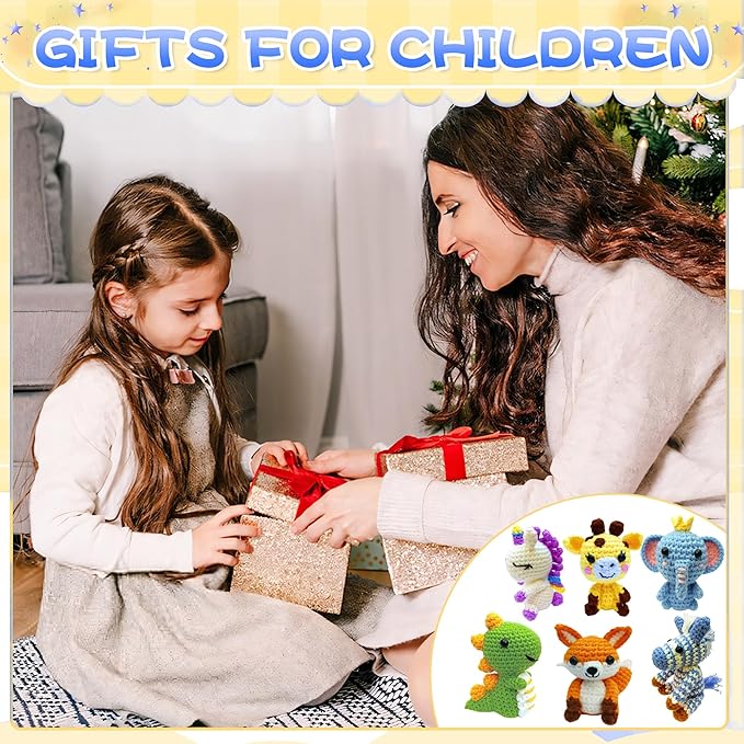 OLHKYN 6Pcs Crochet Kit for Beginners, 2025 DIY Craft for Adults and Kids, Great Gift for Crochet Lovers, Crocheting Animal Kits with Step by Step Videos,Yarn,Crochet Hook,Birthday Holiday Gift
