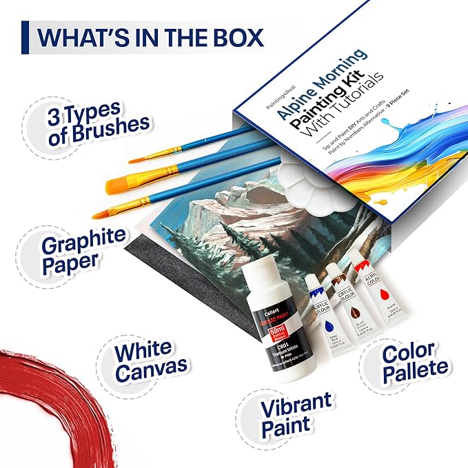 Painting4Real DIY Art Painting Kit for Adults – Learn to Paint Alpine Morning with Video Tutorials - Step-by-Step Guided 9 Pieces Acrylic Paint Set for Adults - Unique Gift for Art Lovers & Beginners