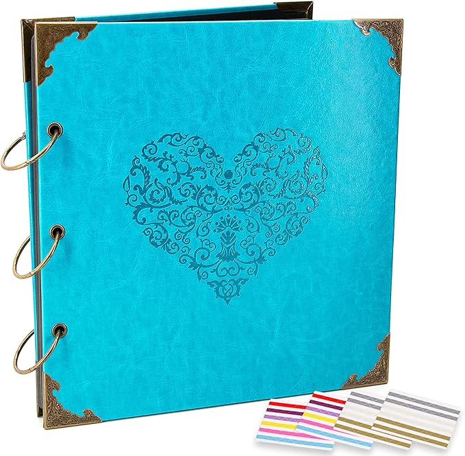 Photo Album DIY Scrapbook, 10x10 inch 50 Pages Vintage Leather Cover Three-Ring Binder Picture Booth Albums + 9 Colors 408pcs Self Adhesive Photos Corners for Personalized Memory Keep (Cyan)