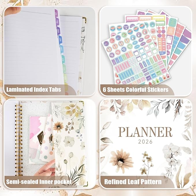 GuassLee 2026 Weekly Monthly Planner A4, 12-Month Hardcover Large Calendar Planner with Tabs, Stickers & Pocket, January 2026 to December 2026 Daily Planner Organizer for School Home Office