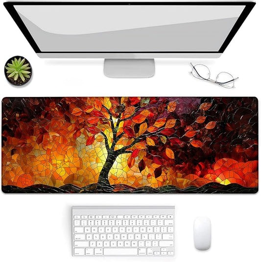 Stained Glass Autumn Tree Gaming Mouse Pad, Mouse Pad, Desk Mat, Non-Slip Rubber Base MousePads for Computers Laptop Office School Home Accessories Decor Gifts 31.5" x 11.8"