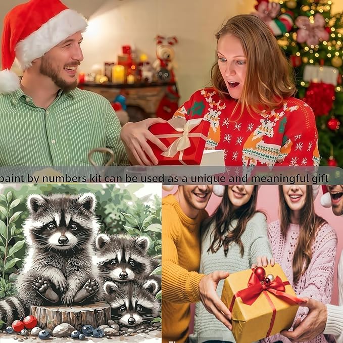 BYGFHLYW Animals Paint by Numbers Kit for Adults Beginners, Raccoon Family Easy Adult Paint by Number Kits On Canvas, DIY Acrylic Oil Painting Kits for Home Wall Decor 16x16Inch