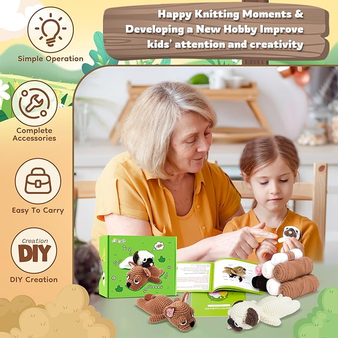 Crochet Kit for Beginners- 2 PCS Pug and French Bulldog Crochet Kits for Adults, 2PCS Sleeping Dog Crochet Kit with Step-by-Step Video Tutorials,Crochet Hook, Instructions DIY Knitting Kit