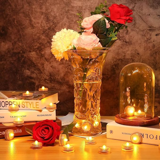 HL Submersible LED Lights,Yellow Small LED Light,100 Hours Waterproof Flameless Led Lights Battery Powered for Wedding Home Vase Festival Party Decoration 24pcs (Built-in 48 Batteries)