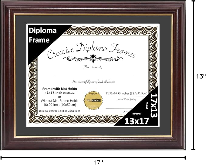Creative Picture Frames 13x17 Mahogany Gold Rim Diploma Frame with Black Mat Glass and Installed Wall Hangers | Frame Holds 16x20 Media without Mat