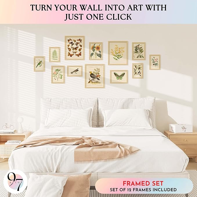 97 Decor FRAMED Vintage Botanical Prints Wall Art - Botanical Plant Poster, Butterfly Pictures Bird Art Sunflower Fern Prints, Flower Botanical Painting for Home Bedroom Decorations (BEIGE FRAME)