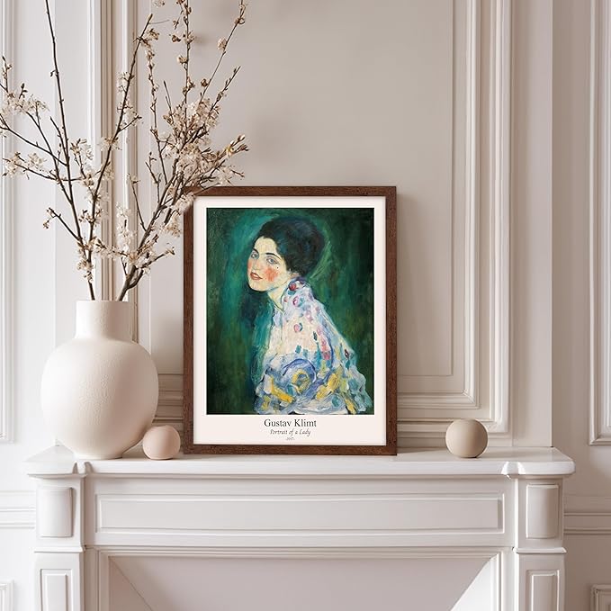 Poster Master Vintage Gustav Klimt Poster - Retro Portrait of a Lady Print - Expressionism Art - Woman Art - Classic Painting - Aesthetic Art - Living Room or Office Decor - 8x10 Brown Framed