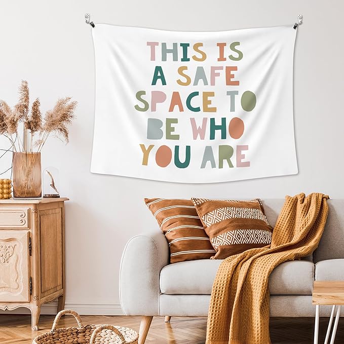 XLDLIOO Boho Classroom Wall Tapestry, This Is a Safe Space to Be Who You are Mental Health Wall Tapestry Hanging for Classroom, Boho Tapestries Decor Art for Therapy Counselor Office 40x30in