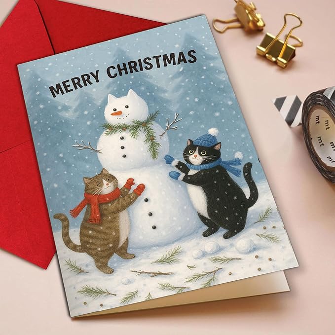(5.3x8in) Merry Christmas Card with Envelope, Cute Cats Building Snowman Illustration, Cozy Winter Holiday Greeting for Friends, Family, Cat Lovers, and Animal Enthusiasts (Xmas 31)