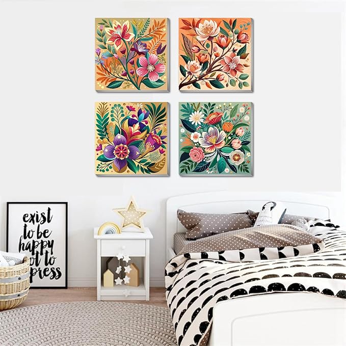 4 Pack Paint by Numbers for Beginner with Frame,Flowers Adult Paint by Number Kits on Canvas, DIY Number Painting for Adults for Decor 8X 8 inch