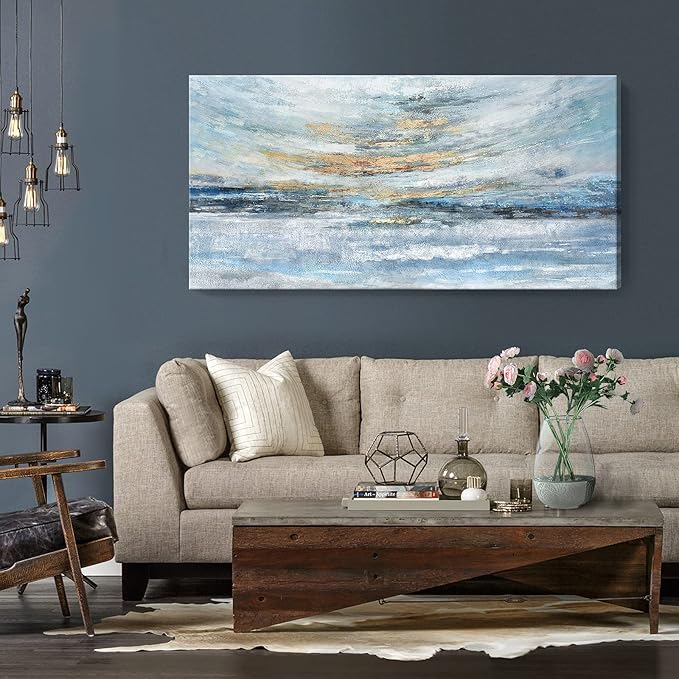 Extra Large Framed Wall Art for Living Room Light Blue Huge Canvas Print Modern Ocean Skyline and Sunset Wall Picture Coastal Themed Seaside Sea Artwork for Home Bedroom Décor 58x29inch Décor