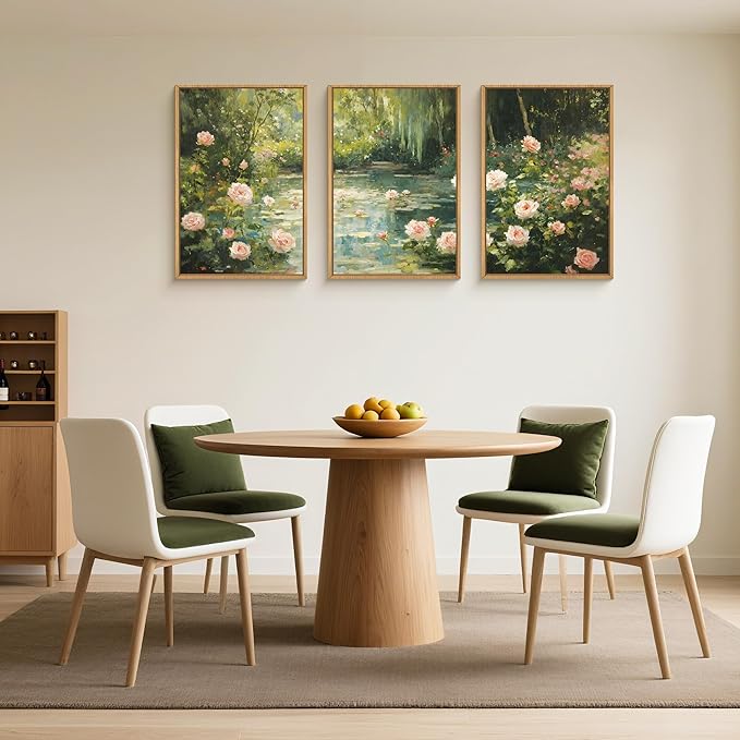 Watercolor Flower Tree Framed Canvas Wall Art Set,Natural White Pink Rose Wildflower Wall Decor,Vintage Dark Green Botanical Artwork for Living Room, Bedroom,Farmhouse- 24"x36"x3
