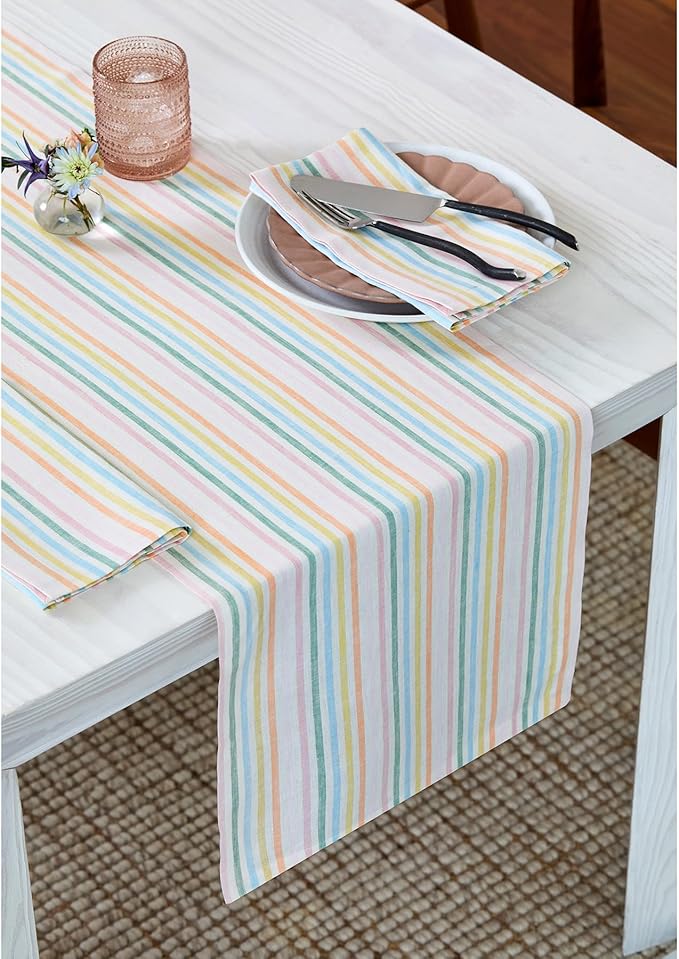 Solino Home Striped Linen Table Runner 60 Inches - Julia, 100% Pure Linen Multicolor Muted Pastel Stripe Small Table Runner 14 x 60 Inch Ideal for Dresser and Coffee Tables, Spring, Easter