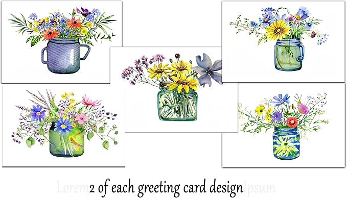 Wildflower Bouquet Greeting Cards, Set of 10 all occasion 5x7 note cards with Evelopes Blank Inside. Colorful Flowers in Vase Designs.