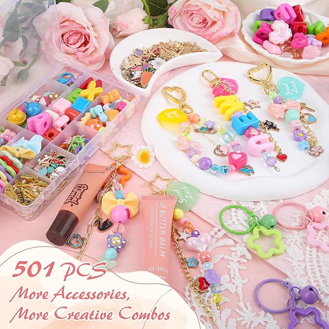Ecoofor 501 Pcs Keychain Making Kit for Kids & Adults – Includes 30 Keychain Clips, 40 Extender Chains, 178 Charms, Beading Accessories, Jewelry Pliers – DIY Bag Charms & Jewelry Craft Kit Supplies