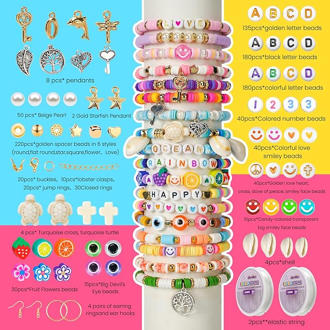 Gionlion 30,000 Pcs Clay Beads Bracelet Making Kit, 168 Colors 8 Boxes Flat Preppy Beads for Friendship Bracelets, Jewelry Kit with Pendant Charms Elastic String Crafts Arts Crafts Gifts