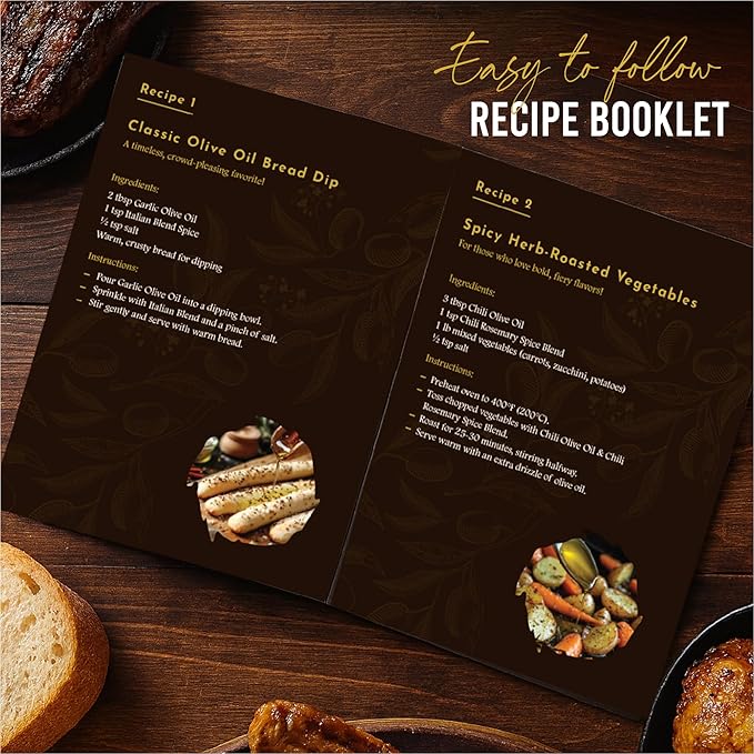 Infused Olive Oil Gift Set – Variety Pack - 4 Flavored Olive Oil Extra Virgin, 3 Spice Flavorful Infusion Blends, Bread Dipping Bowl & Recipe Booklet - Set of 8 – Gourmet Cooking Gifts for Women