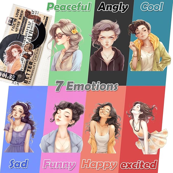 Scrapbook Stickers Set, 84Pcs PET Emotion Stickers for Journaling and Scrapbooking, Junk Journal Supplies, Aesthetic Transparent Materials, Ephemera People Women Ladies Planner DIY Arts Craft