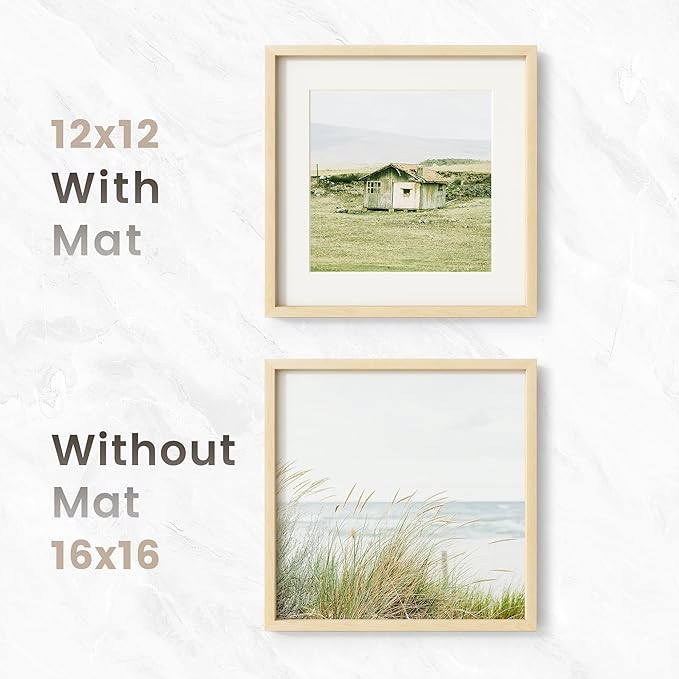 16x16 Picture Frame, USA-Sourced Natural Maple Wood Photo Collage Frame with HD Tempered Glass, Modern Simple 16 x 16 Wooden Frame Matted to 12x12, Gallery Wall Frames for Art