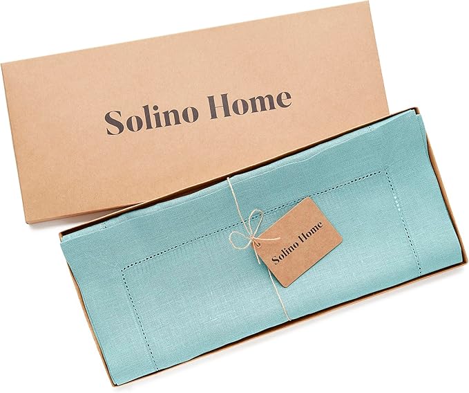 Solino Home Linen Aqua Blue Table Runner 108 Inches Long - 100% Pure Linen Hemstitch 14 x 108 Inch Table Runner for Dining, Spring, Easter, Winter - Classic Hemstitch