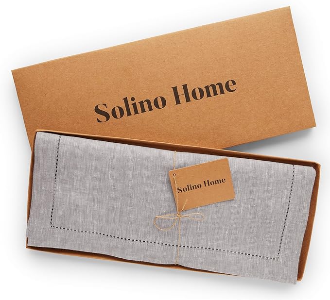 Solino Home Linen Oyster Grey Table Runner 36 Inches - Milan Hemstitch, 100% Pure Linen Coffee Table Runner 14 x 36 Inch Ideal for Dresser Tables - Spring, Easter