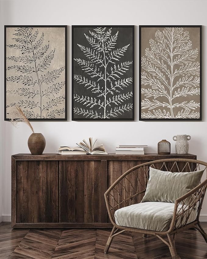 KUVIOKE Vintage Botanical Framed Wall Art Bohemian Tan Plant Leaf Wall Decor Nature Fern Plant Silhouette Wall Painting Home Decor 16x24in (Black Framed)