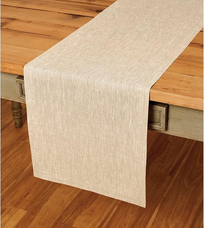 Solino Home Linen Table Runner 144 Inches Long - Athena, 100% Pure Linen Champagne Beige 14 x 144 Inch Table Runner for Dining, Spring, Easter