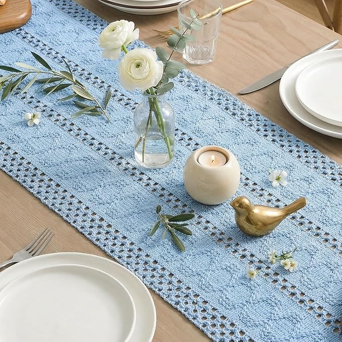 Artoid Mode Sky Blue Farmhouse Woven Rustic Hollow Table Runner, Seasonal Holiday Hollow Kitchen Dining Table Decoration for Home Party Decor 12x60 Inch