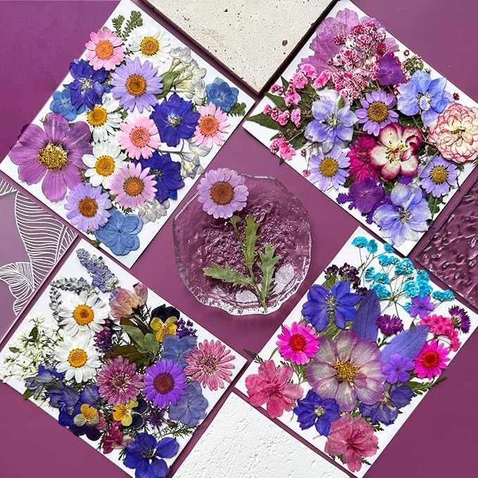 91Pcs Purple Pressed Dried Flowers for Resin Molds, Assorted Real Natural Bulk Dry Floral Leaves for DIY Art Crafts, Epoxy Jewelry, Candle, Soap Making, Nails Decors Gifts