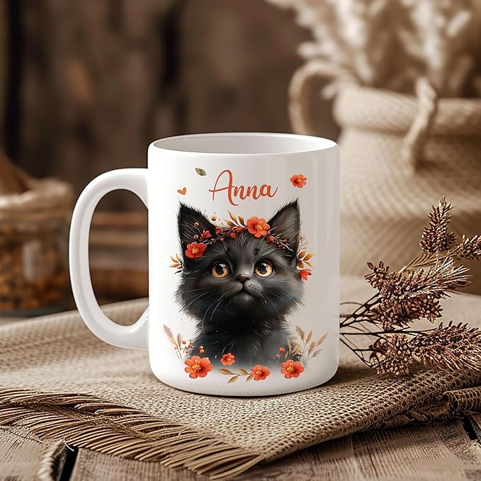 Hyturtle Personalized Cute Black Cat Mug Gift For Cat Lover - Just A Girl Who Loves Black Cats - Cat Gift For Women - Gift For Animal Lover - Birthday - Custom Coffee Cup Ceramic Mug 11oz - 15oz