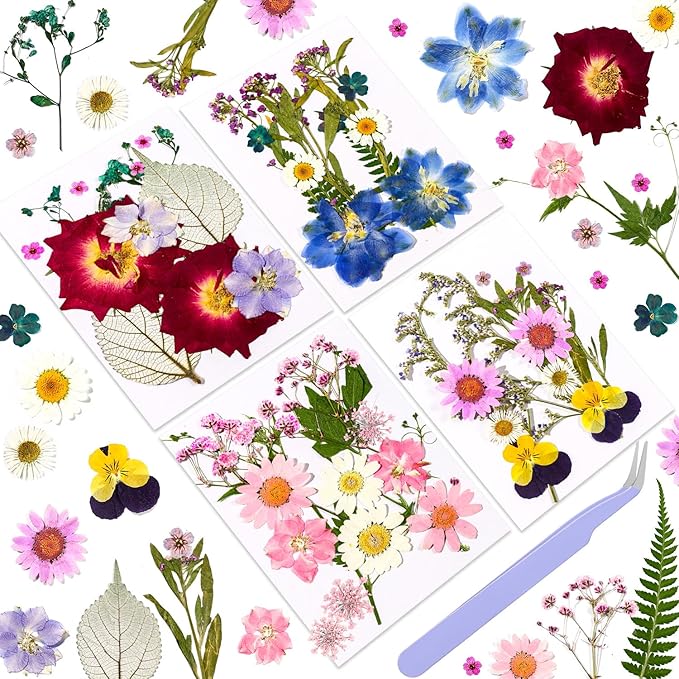 Pressed Dried Flowers for Resin Crafting, Pressed Flowers Natural Preserved Petals & Leaves for Art, Candles, Scrapbooking, Nail Art, Floral Decor