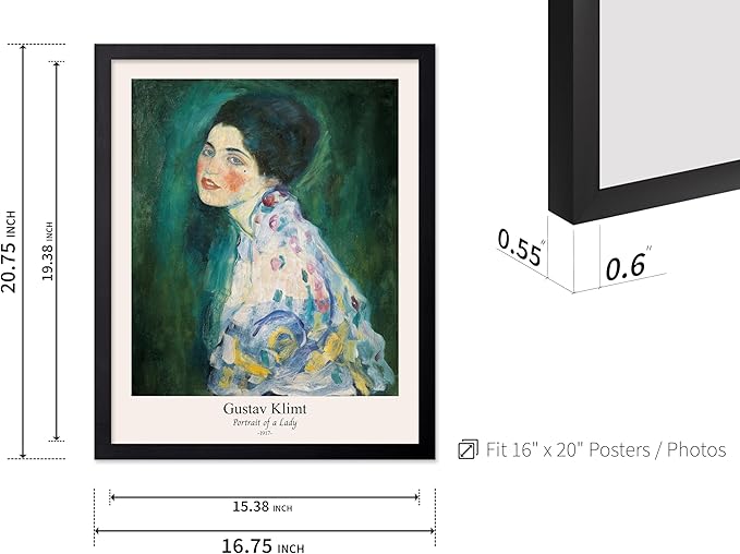 Poster Master Vintage Gustav Klimt Poster - Retro Portrait of a Lady Print - Expressionism Art - Woman Art - Classic Painting - Aesthetic Art - Living Room or Office Decor - 16x20 Black Framed