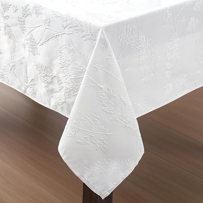 Laura Ashley Tablecloth Raised Woven Embroidered Jacquard Fabric, Wrinkle Resistant for Dining, Holiday, Party, Wedding or Banquet, 60" x 102", Cynthia White