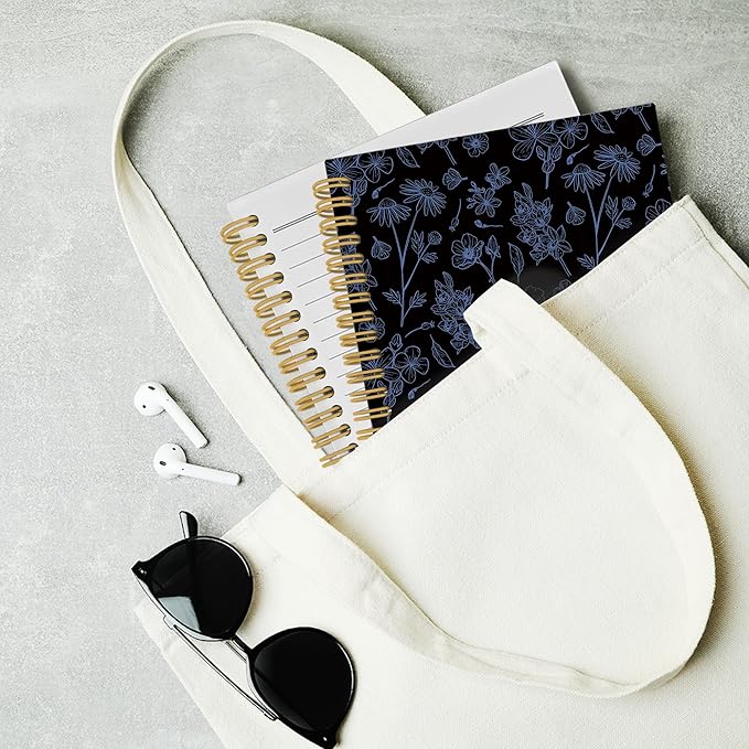 Pugwak Vintage Floral Dark Journal Notebook - Aesthetic Black Botanical Flower Notebooks College Ruled for Work School, Gifts for Women Coworker, Office Supplies, Hardcover Spiral Notebook 5.5"x8.3"