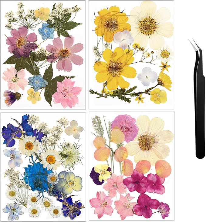 Nuanchu Dried Flower for Crafts Resin Pressed Flowers Bulk Real Dried Wildflowers Leave Natural with Tweezer for Resin Mold Scrapbooking Nail Soap Candle Cake Card Making DIY Craft Christmas Supplies