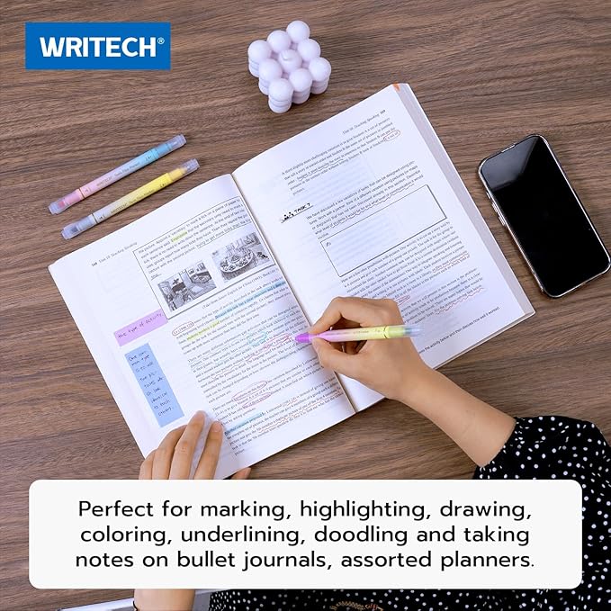 WRITECH Dual Tip Highlighter Markers: Aesthetic Fine & Chisel Tip Assorted Pastel Colors Marker Multicolor Pens Pack for Bible Highlighting Journaling Drawing 12ct.