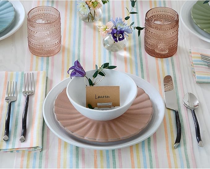 Solino Home Linen Table Runner 72 Inches Long - Julia, 100% Pure Linen Multicolor Muted Pastel Stripe Table Runner 14 x 72 Inch for Dining, Dresser, Spring, Easter