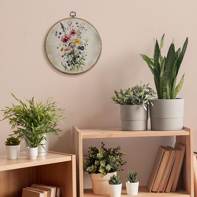 FUGWN Vintage Wildflower Botanical Round Wall Art Decor Framed, Cottagecore Floral Botanical Canvas Artwork Prints, Retro Floral Wall Hanging Decorations for Home Bedroom Living Room, 10x10 Inch