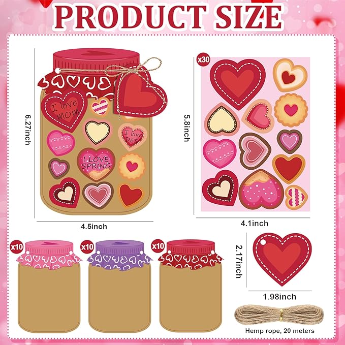 30 Sets Valentines Day Gift Cards Mason Jar Valentine Love Candy Jar Craft Kit with Heart Stickers Make Your Own Paper Greeting Card Decor Exchange Gift for Kids Mom Adults School Classroom Activity
