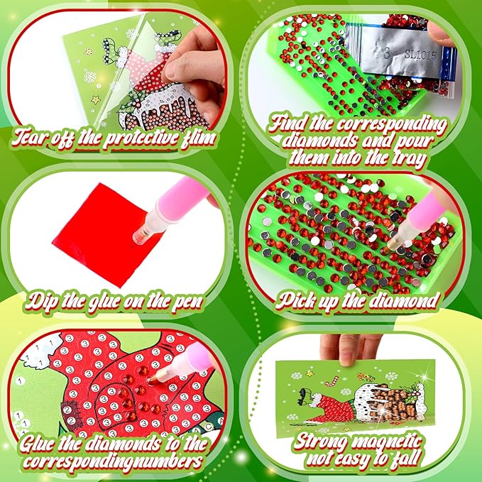 Saillong 12 Pack Christmas Diamond Painting Greeting Card Kits DIY Lime Green Christmas Diamond Art Cards with Envelopes Xmas 5D Rhinestones Painting for Adults DIY Craft Family Friend Xmas Gifts