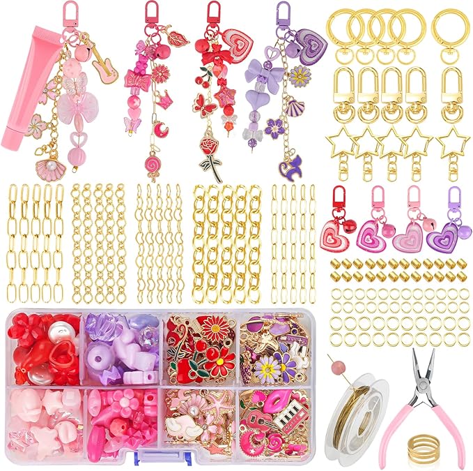 Ecoofor 458 Pcs Keychain Making Kit for Kids & Adults – Includes 19 Keychain Clips, 25 Extender Chains, 80 Charms, Beading Accessories, Jewelry Pliers – DIY Bag Charms & Jewelry Craft Kit Supplies
