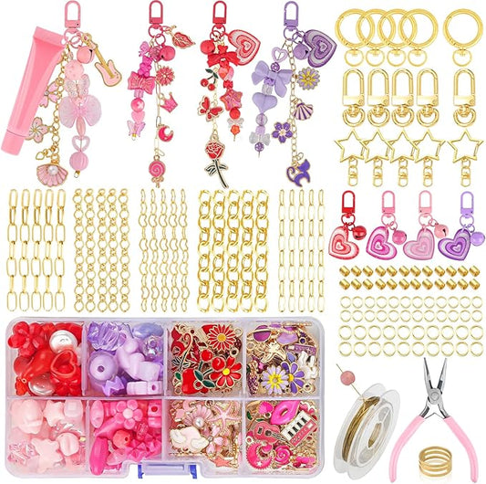 Ecoofor 458 Pcs Keychain Making Kit for Kids & Adults – Includes 19 Keychain Clips, 25 Extender Chains, 80 Charms, Beading Accessories, Jewelry Pliers – DIY Bag Charms & Jewelry Craft Kit Supplies