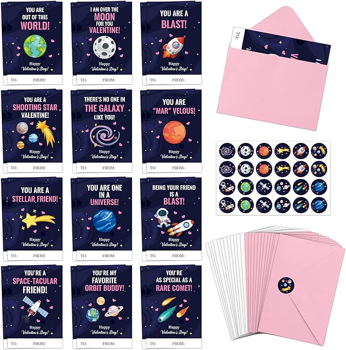 TICIAGA 72pcs Valentine’s Day Space Greeting Cards with Envelop and Sticker for Kid, 4 x 6 IN Planet Galaxy Notecard Exchange Gift for Boy Girl School Classroom Supply, Valentines Galaxy Party Favor
