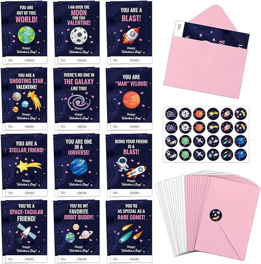 TICIAGA 72pcs Valentine’s Day Space Greeting Cards with Envelop and Sticker for Kid, 4 x 6 IN Planet Galaxy Notecard Exchange Gift for Boy Girl School Classroom Supply, Valentines Galaxy Party Favor