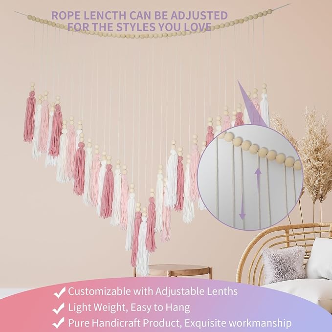 Pink&White Large Macrame Wall Haning Boho Decor,Blush Pink Tassel Wall Decor Bohemian, Pink Bedroom Living Room Girls Room Décor Nursery Dorm Decoration Boho Gift for Girls Woman Gifts