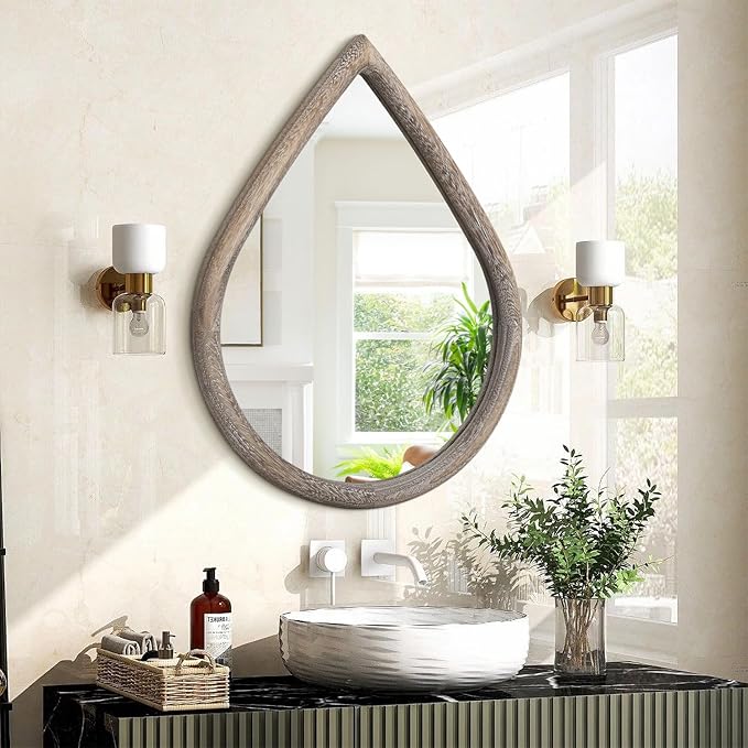 Teardrop Wall Mirror with Wood Framed Farmhouse Wall Hanging Mirrors for Wall Decor Irregular Decorative Mirror for Bedroom Living Room Bathroom 16x20 Inches