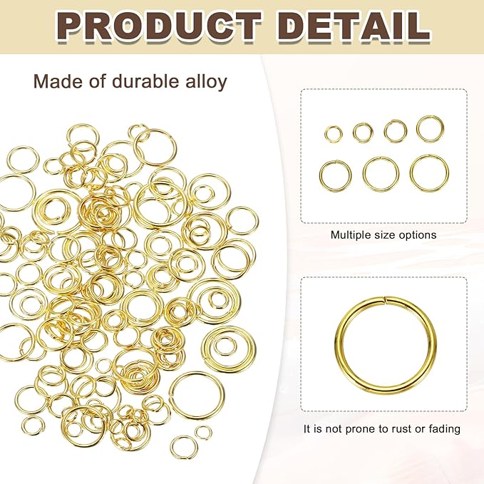 MECCANIXITY Jump Rings for Jewelry Making, 6 Sizes Alloy Open Jump Rings for Keychains Earings DIY Craft(Gold, 880Pcs)