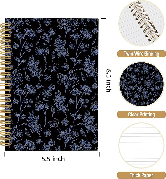 Pugwak Vintage Floral Dark Journal Notebook - Aesthetic Black Botanical Flower Notebooks College Ruled for Work School, Gifts for Women Coworker, Office Supplies, Hardcover Spiral Notebook 5.5"x8.3"