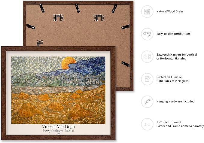 Monem Art Vintage Van Gogh Poster - Retro Evening Landscape at Moonrise Print - Impressionism Art - Fine Art - Classic Painting Art - Aesthetic Living Room Wall Decor - 16x20 Brown Framed